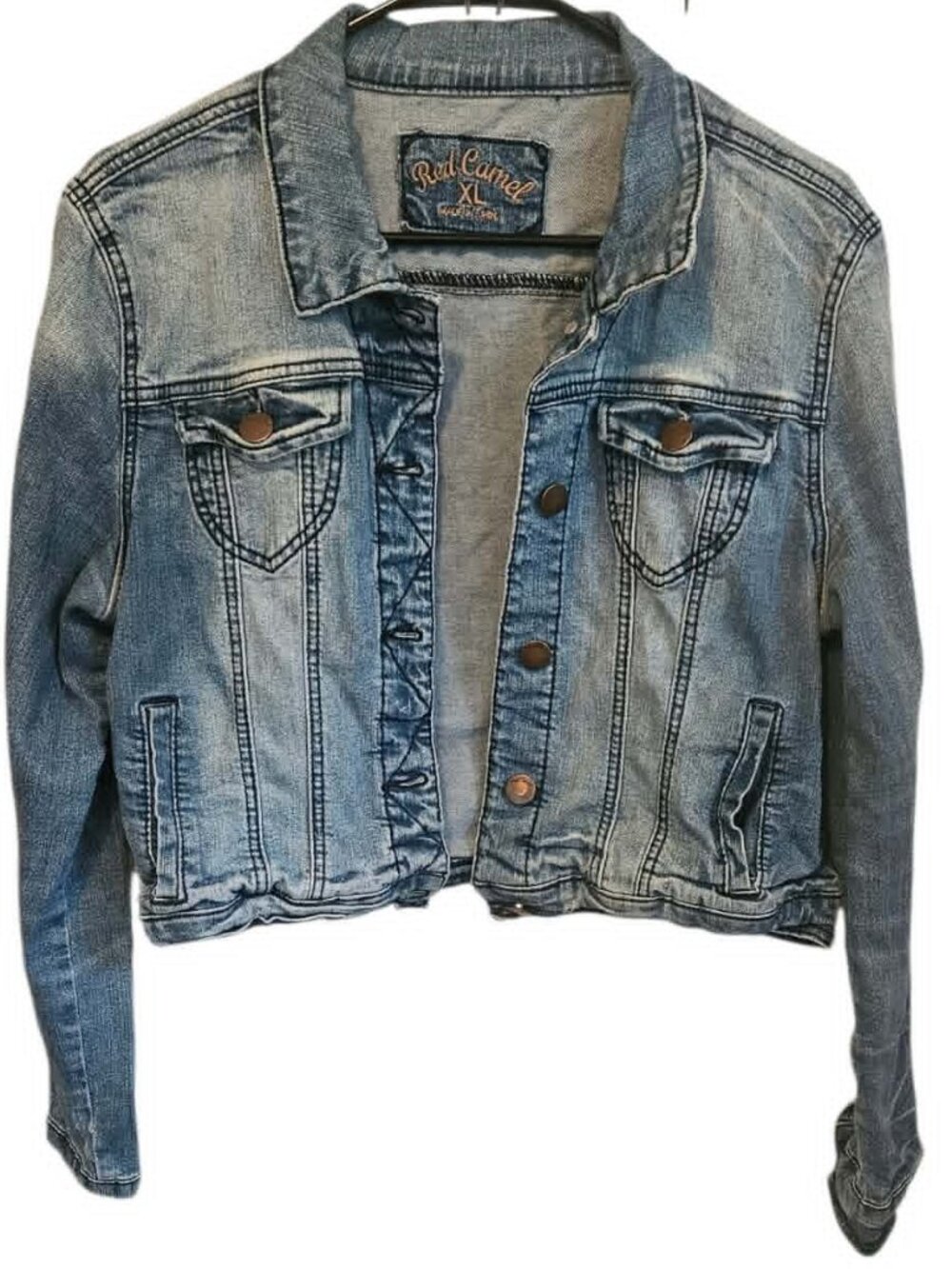 Red Camel Cropped Denim Jacket Size XL Light Wash Blue Jean Distressed